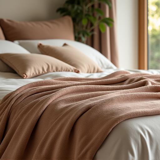 A soft, woven blanket draped elegantly over the corner of a bed.